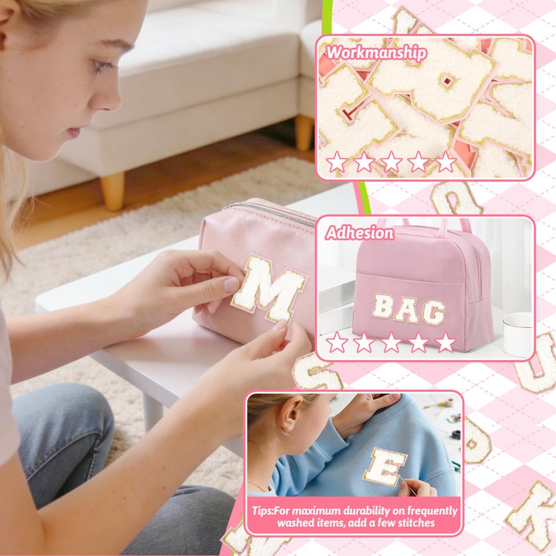 NICEVINYL White Chenille Letter Patchesï¼š52Pcs Pre-Sort Self Adhesive Chenille Letter Patch Stickers for Backpacks Hats Bags - Elegant Pink Backing Letters Patches Stick on DIY Crafts - Image 5