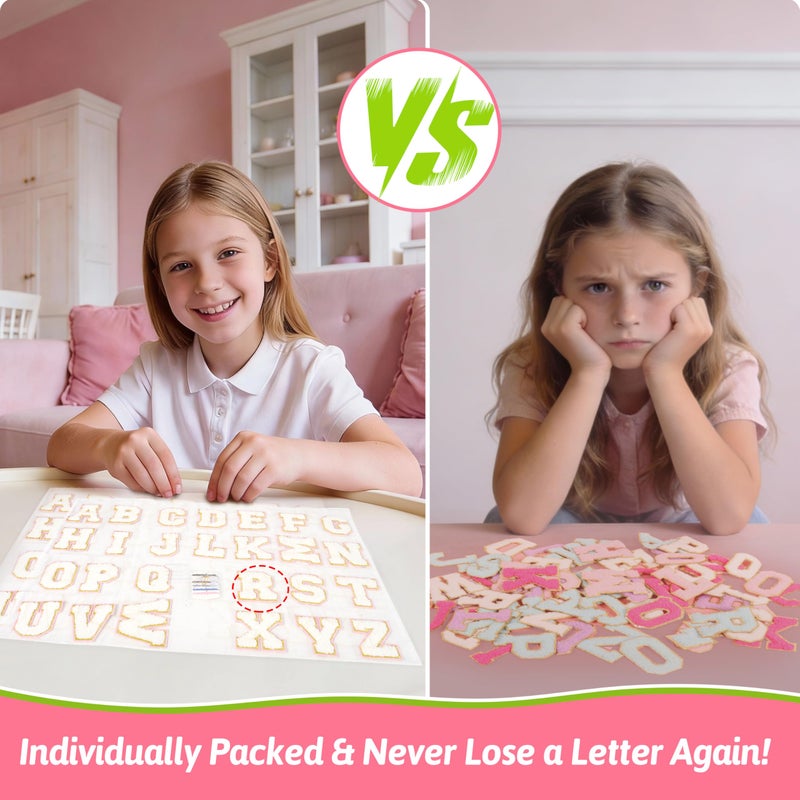 NICEVINYL White Chenille Letter Patchesï¼š52Pcs Pre-Sort Self Adhesive Chenille Letter Patch Stickers for Backpacks Hats Bags - Elegant Pink Backing Letters Patches Stick on DIY Crafts - Image 3