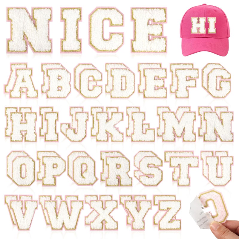 NICEVINYL White Chenille Letter Patchesï¼š52Pcs Pre-Sort Self Adhesive Chenille Letter Patch Stickers for Backpacks Hats Bags - Elegant Pink Backing Letters Patches Stick on DIY Crafts - Image 1