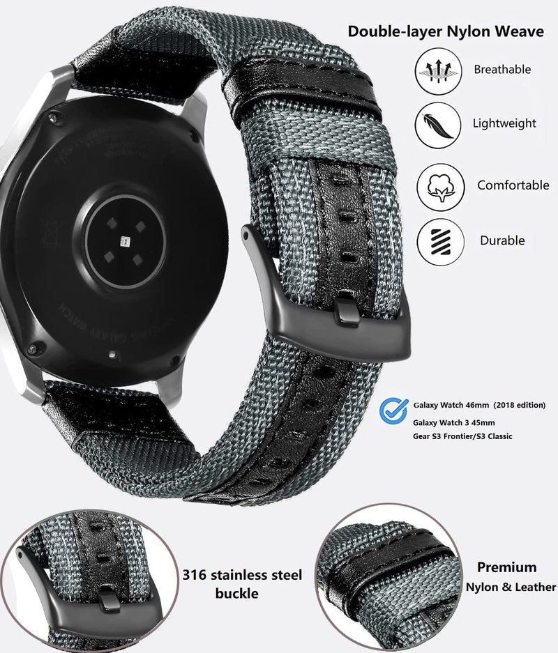 Olytop Galaxy Watch 46mm Bands, 22mm Nylon Sports Replacement Strap Wristband for Samsung Galaxy Watch 46mm 2019/3 45mm/Gear S3 Frontier/Classic/Ticwatch ProSmart Watch, Black+ Grey - Image 3