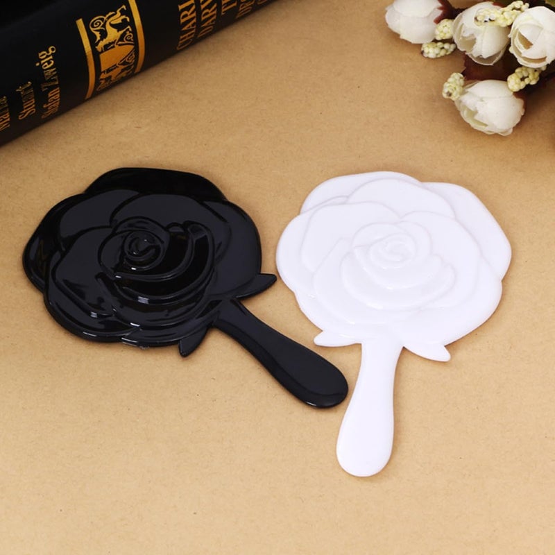 2 قطعة مرآة مكياج محمولة على شكل وردة، مرآة زينة محمولة كلاسيكية للنساء، كبيرة الحجم باللونين الأسود والأبيض للاستخدام أثناء السفر - Image 5