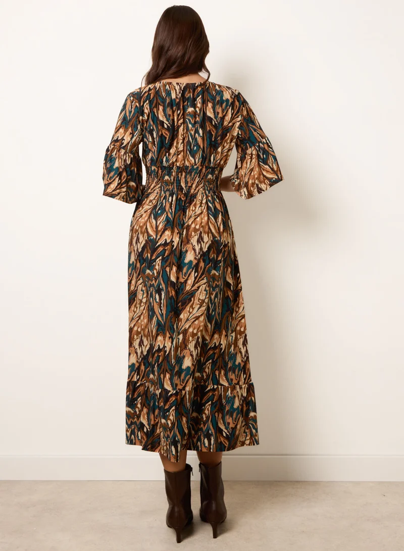 Blue Vanilla Elasticated Shirred Waist V Neck Midi Dress