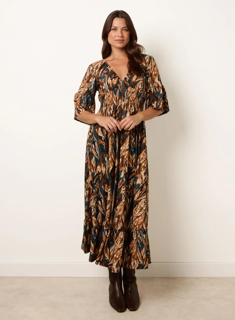Blue Vanilla Elasticated Shirred Waist V Neck Midi Dress