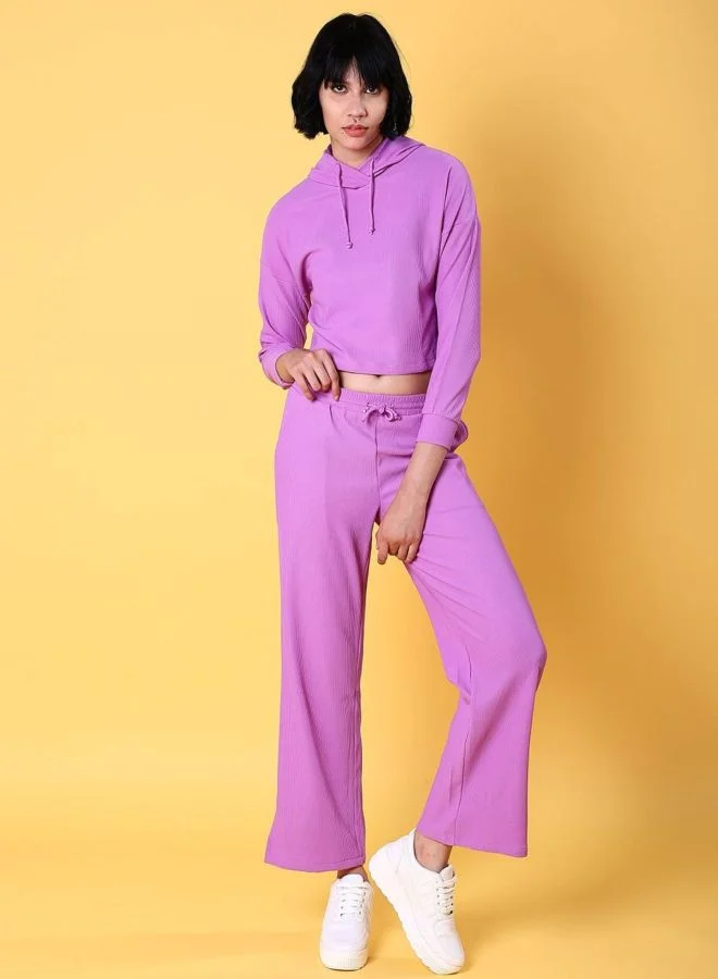 Women Relaxed Fit Solid Long Sleeve Mid Rise Hooded Top and Pant Co-Ords set