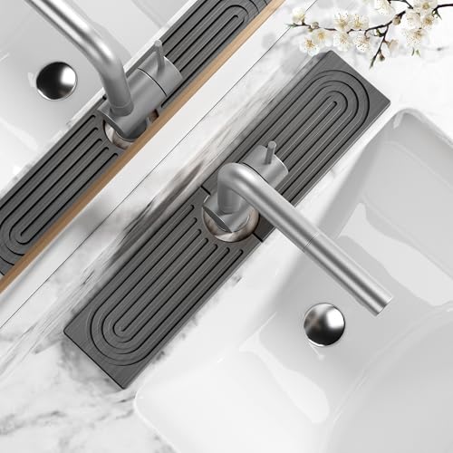 MAGKOTA Stone Faucet Mat for Kitchen Sink - Quick Dry Diatomite Sink Splash Guard, Prevents Moisture Buildup & Water Stains, Water Absorbing Stone Tray for Bathroom Countertop (Dark Gray, 20" x 4") - Image 1