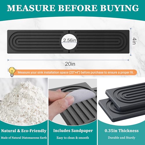 MAGKOTA Stone Faucet Mat for Kitchen Sink - Quick Dry Diatomite Sink Splash Guard, Prevents Moisture Buildup & Water Stains, Water Absorbing Stone Tray for Bathroom Countertop (Dark Gray, 20" x 4") - Image 3