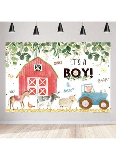 Aperturee Farm Animals Baby Shower Backdrop 5X3Ft It'S A Boy Red Barn Greenery Green Leaves Kids Prince Photography Background Oh Boy Newborn Party Decoration Banner Props Photo Booth  - Image 1