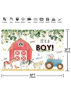 Aperturee Farm Animals Baby Shower Backdrop 5X3Ft It'S A Boy Red Barn Greenery Green Leaves Kids Prince Photography Background Oh Boy Newborn Party Decoration Banner Props Photo Booth  - Image 3
