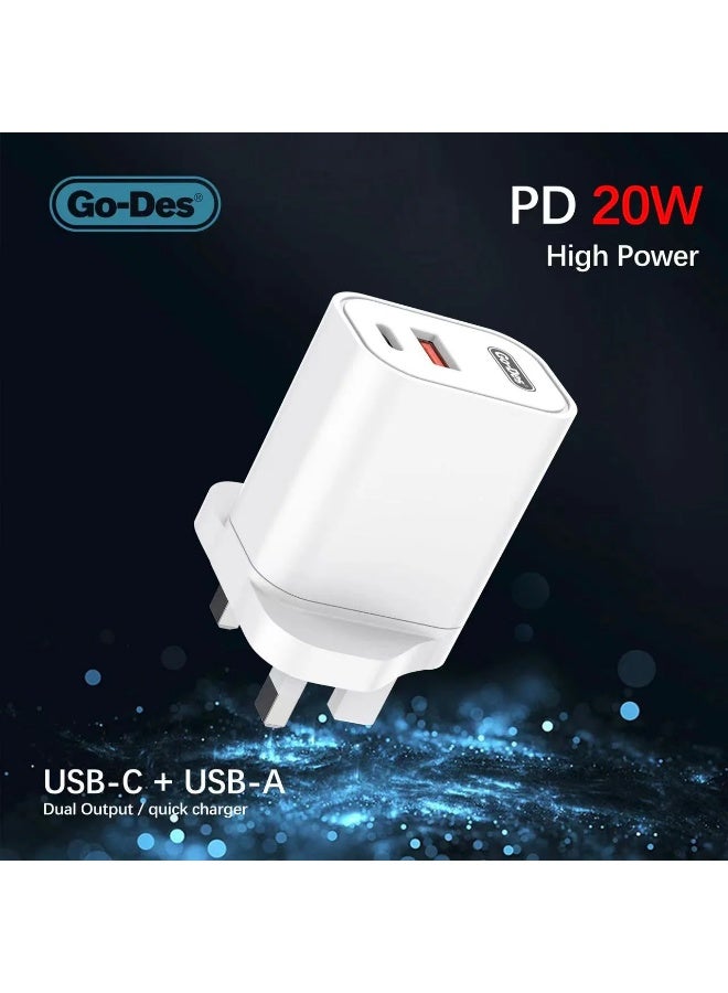 جو-ديز شاحن السفر QC3013 Go-Des عالي السرعة 20 وات - محول حائط مدمج وقوي للهواتف والأجهزة اللوحية وأجهزة الكمبيوتر المحمولة - Image 2