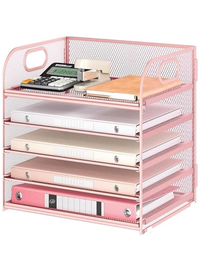هوكور SupWolf Letter Tray Paper Organizer 5-Tier Desk Organizer File Organizer Paper Holder with Handle, Metal Desktop Document Shelf Tray Office Classroom Organization (Pink) - Image 1