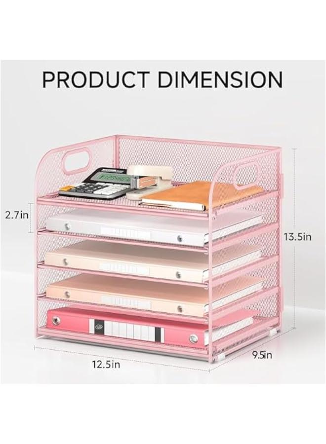 هوكور SupWolf Letter Tray Paper Organizer 5-Tier Desk Organizer File Organizer Paper Holder with Handle, Metal Desktop Document Shelf Tray Office Classroom Organization (Pink) - Image 2