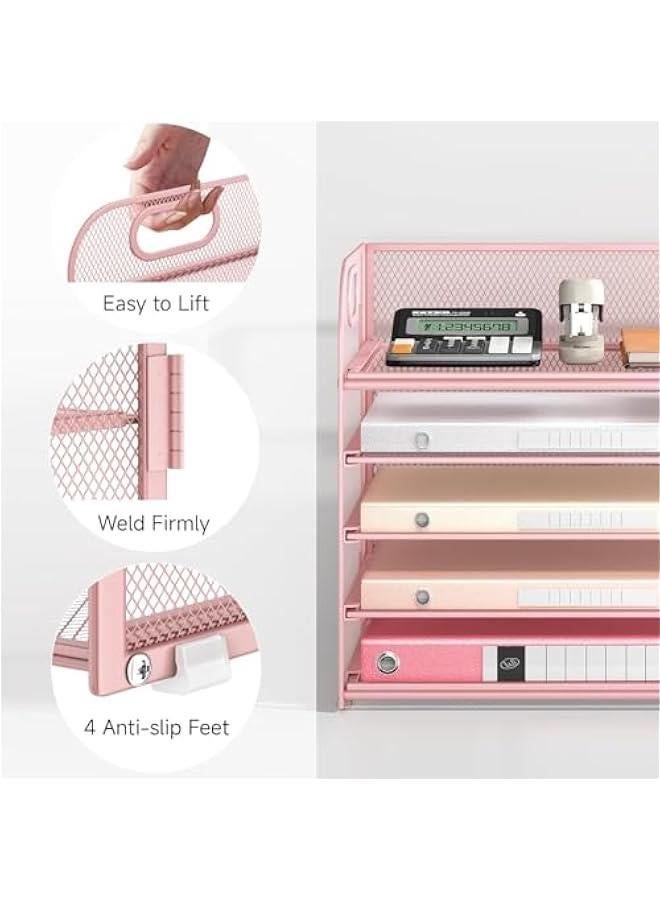 هوكور SupWolf Letter Tray Paper Organizer 5-Tier Desk Organizer File Organizer Paper Holder with Handle, Metal Desktop Document Shelf Tray Office Classroom Organization (Pink) - Image 3