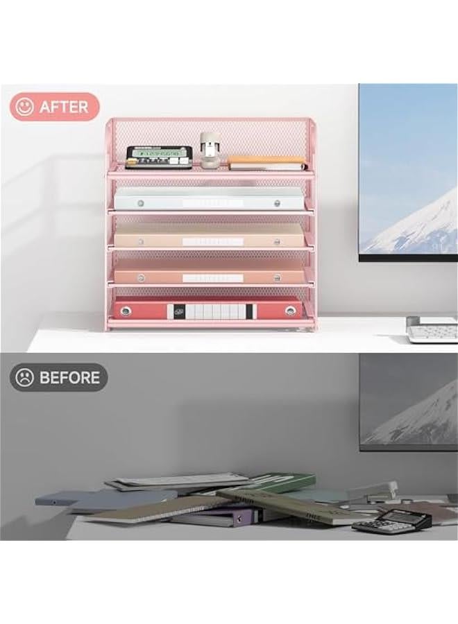 هوكور SupWolf Letter Tray Paper Organizer 5-Tier Desk Organizer File Organizer Paper Holder with Handle, Metal Desktop Document Shelf Tray Office Classroom Organization (Pink) - Image 4