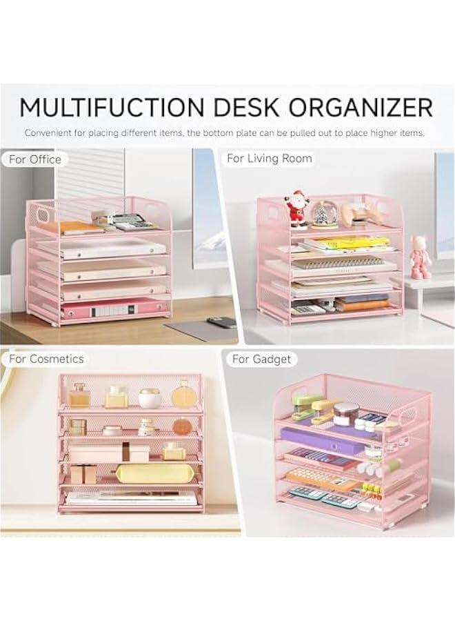 هوكور SupWolf Letter Tray Paper Organizer 5-Tier Desk Organizer File Organizer Paper Holder with Handle, Metal Desktop Document Shelf Tray Office Classroom Organization (Pink) - Image 5