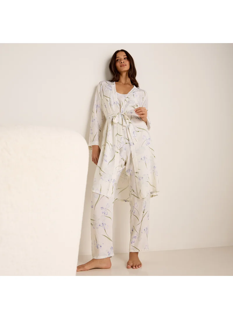 فاف Floral Print Night Robe with Camisole and Pyjama Set