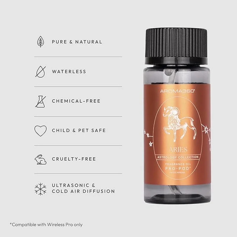 أروما 360  Aries Pro-Pod Oil Blend - Astrology Inspired for Luxury Essential Oil Diffusers - Aromatherapy Scent Diffuser Oil - Peach, Black Currant and Styrax - 50 mL, 1.7 fl oz
