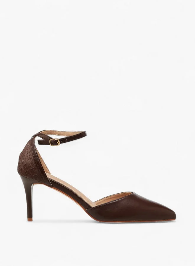 Flora Bella By Shoexpress Monogram Embossed Pointed Toe Shoes with Stiletto Heels and Buckle Closure