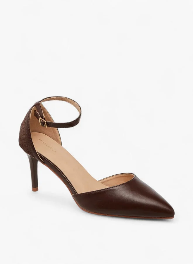 Flora Bella By Shoexpress Monogram Embossed Pointed Toe Shoes with Stiletto Heels and Buckle Closure