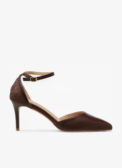 Flora Bella By Shoexpress Monogram Embossed Pointed Toe Shoes with Stiletto Heels and Buckle Closure