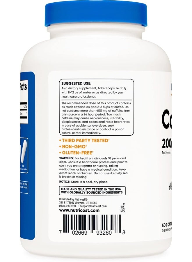 Nutricost Caffeine 500 Capsules; 200mg Per Capsule - Image 3