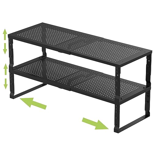 Jojocross Expandable Adjustable Stackable Kitchen Organizer Spice RackMetal Pantry Storage Shelves RacksCounter Shelf for Cabinets Countertop Cupboard2 PacksMediumBlack