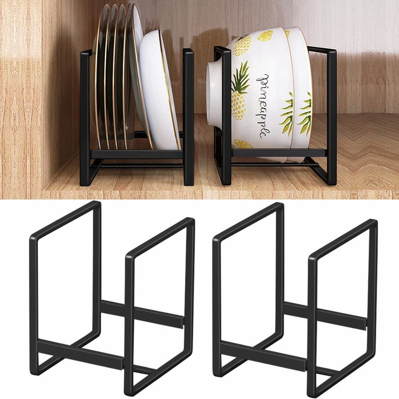 MINGFANITY 4PCS Plate Holders Organizer Metal Dish Storage Dying Display Rack for Cabinet Counter and Cupboard Black 4 Small
