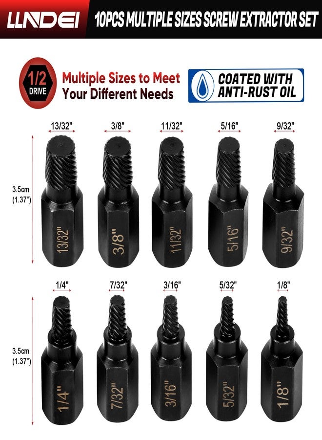 LLNDEI Screw Extractor Set, Hex Head Easy Out Bolt Extractor Set 10 Pieces, Multi-Spline Ez Out Stripped Extractor (1/8”-13/32”) CR-MO, Stripped Fastener Tool - Image 3