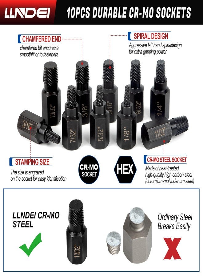 LLNDEI Screw Extractor Set, Hex Head Easy Out Bolt Extractor Set 10 Pieces, Multi-Spline Ez Out Stripped Extractor (1/8”-13/32”) CR-MO, Stripped Fastener Tool - Image 4
