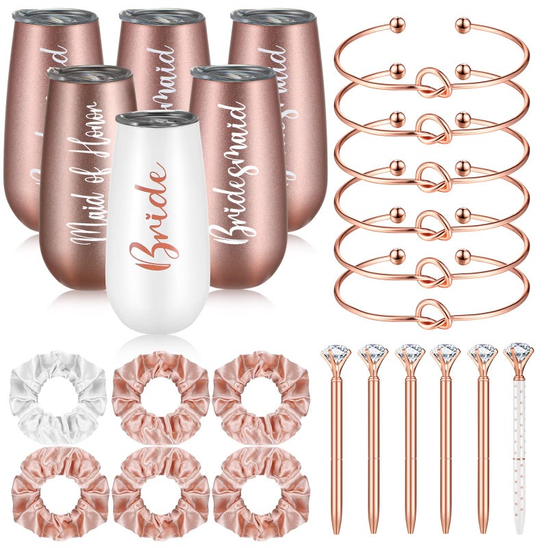Romooa 24 Pieces Bridesmaids Proposal Gift Set Bridesmaids Maid of Honor Stemless Champagne Flutes Bridesmaid Tumblers Set with Hair Scrunchies Bracelet Knot Diamond Pen for Bridal Shower Bachelorette Party