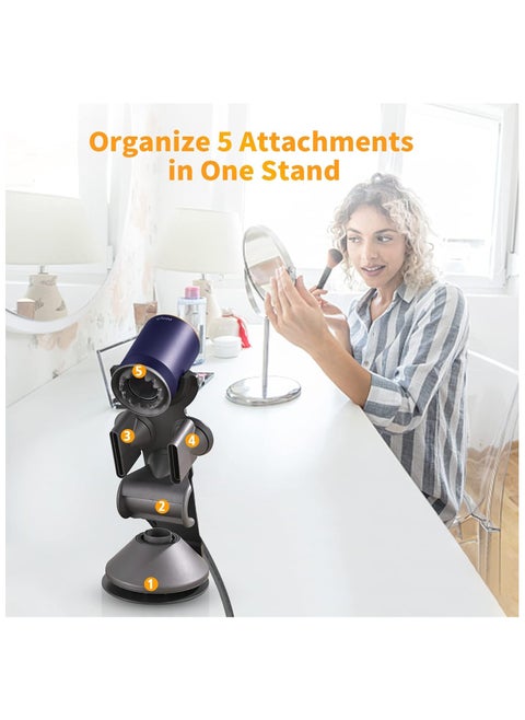 Premium Black Hair Dryer Holder Stand - Multi-Functional Organizer for 5 Attachments & Styling Tools, Compact Space-Saving Storage Solution