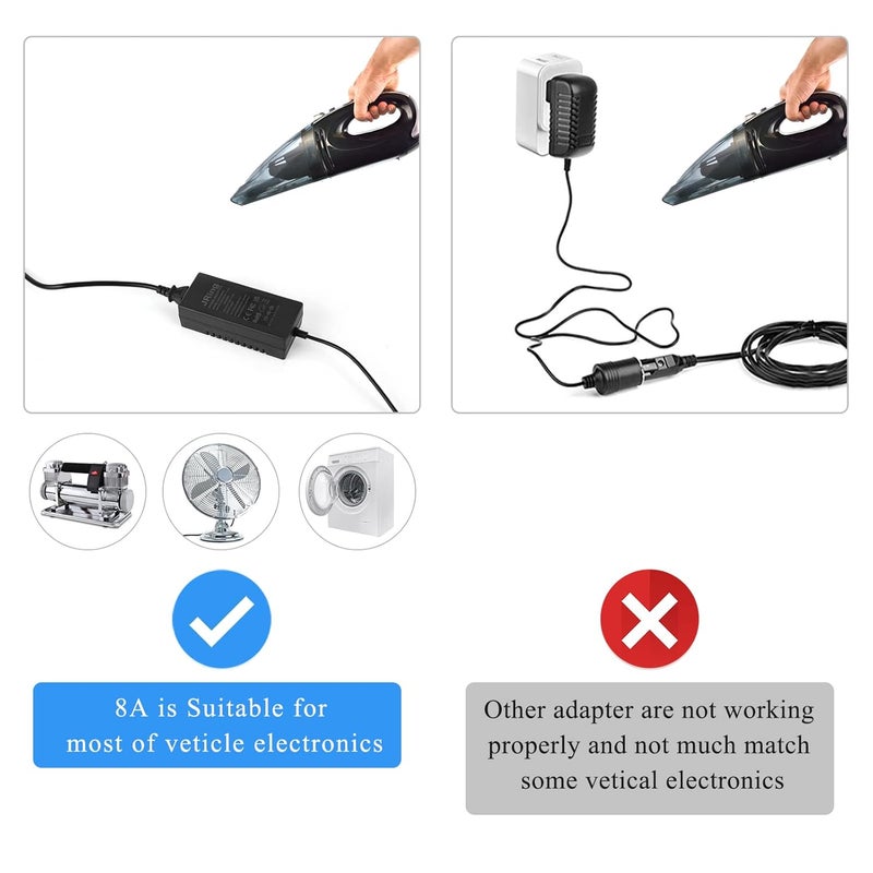 JRing AC to DC Converter, 110-220V to 12V 96W 8A Car Power Adapter, Car Cigarette Lighter Socket Power Adapter, Switching Converter for Air Compressor Car Refrigerator Vacuum and Other Car Devices - Image 5