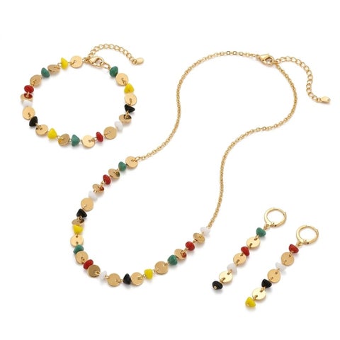 A modern gold jewelry set (necklace, bracelet, earrings) adorned with circular embellishments and vibrant, colorful beads. Perfect for a cheerful and elegant everyday look.