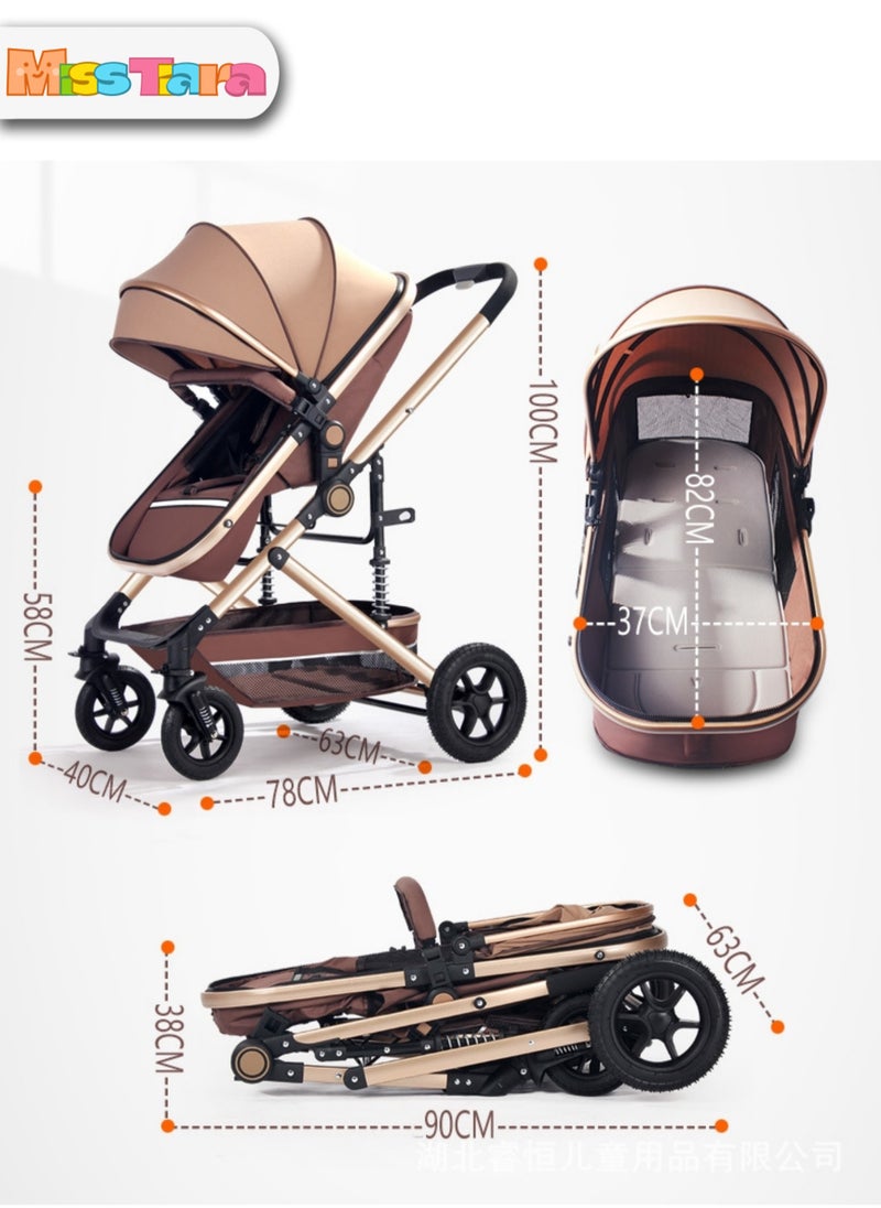 MissTiara - Baby stroller with High view  Double push rod  Can sit and lie down Lightweight Foldable Four-wheel rubber Strong shock absorption Large Space Durable Suitable for Baby 0-3 years old Travel strollers - Image 1