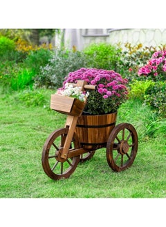 Rustic Wooden Flower Cart Planter with Cycle Shaped Design 3 Wheel Decorative Garden Plant Pot Perfect for Indoor and Outdoor Decor