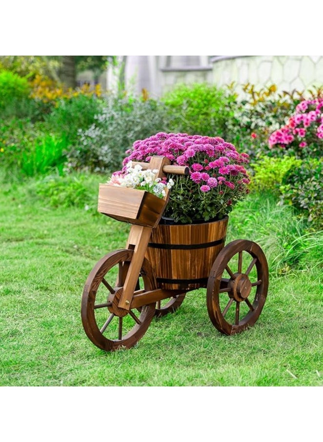 LINGWEI - Rustic Wooden Flower Cart Planter with Cycle Shaped Design 3 Wheel Decorative Garden Plant Pot Perfect for Indoor and Outdoor Decor - Image 1