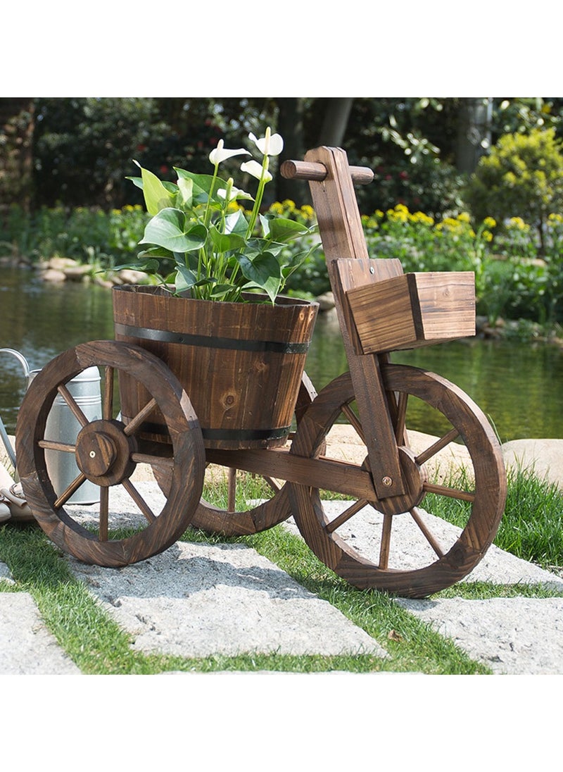 LINGWEI - Rustic Wooden Flower Cart Planter with Cycle Shaped Design 3 Wheel Decorative Garden Plant Pot Perfect for Indoor and Outdoor Decor - Image 1