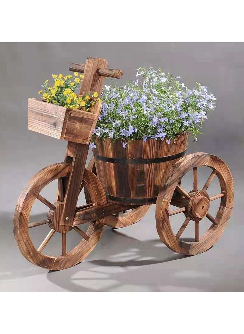 LINGWEI - Rustic Wooden Flower Cart Planter with Cycle Shaped Design 3 Wheel Decorative Garden Plant Pot Perfect for Indoor and Outdoor Decor - Image 1
