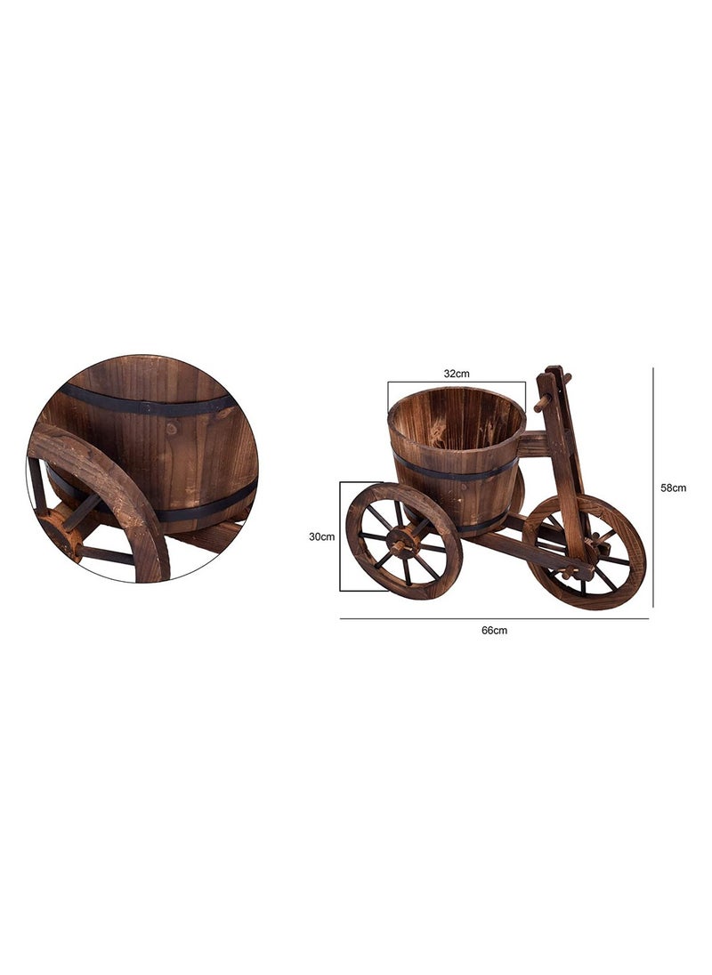 LINGWEI - Rustic Wooden Flower Cart Planter with Cycle Shaped Design 3 Wheel Decorative Garden Plant Pot Perfect for Indoor and Outdoor Decor - Image 1