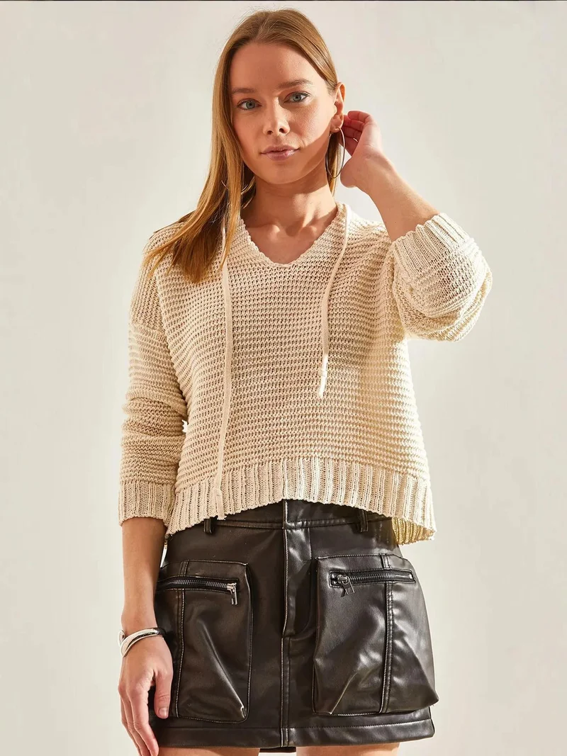 LUCCI Hooded Textured Crop Hoodie with Pompom