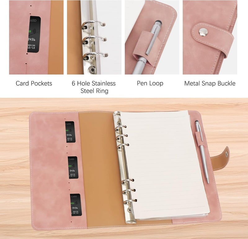 FYY Leather A5 Ring Binder Notebook, 6 Ring A5 Binder with A5 Refill Papers, Binder Pockets and Subject Dividers Paper Sheet, Travel Binder Journal Personal Planner with Ring Binder Pink - Image 3