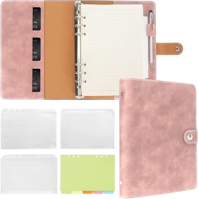 FYY Leather A5 Ring Binder Notebook, 6 Ring A5 Binder with A5 Refill Papers, Binder Pockets and Subject Dividers Paper Sheet, Travel Binder Journal Personal Planner with Ring Binder Pink - Image 1