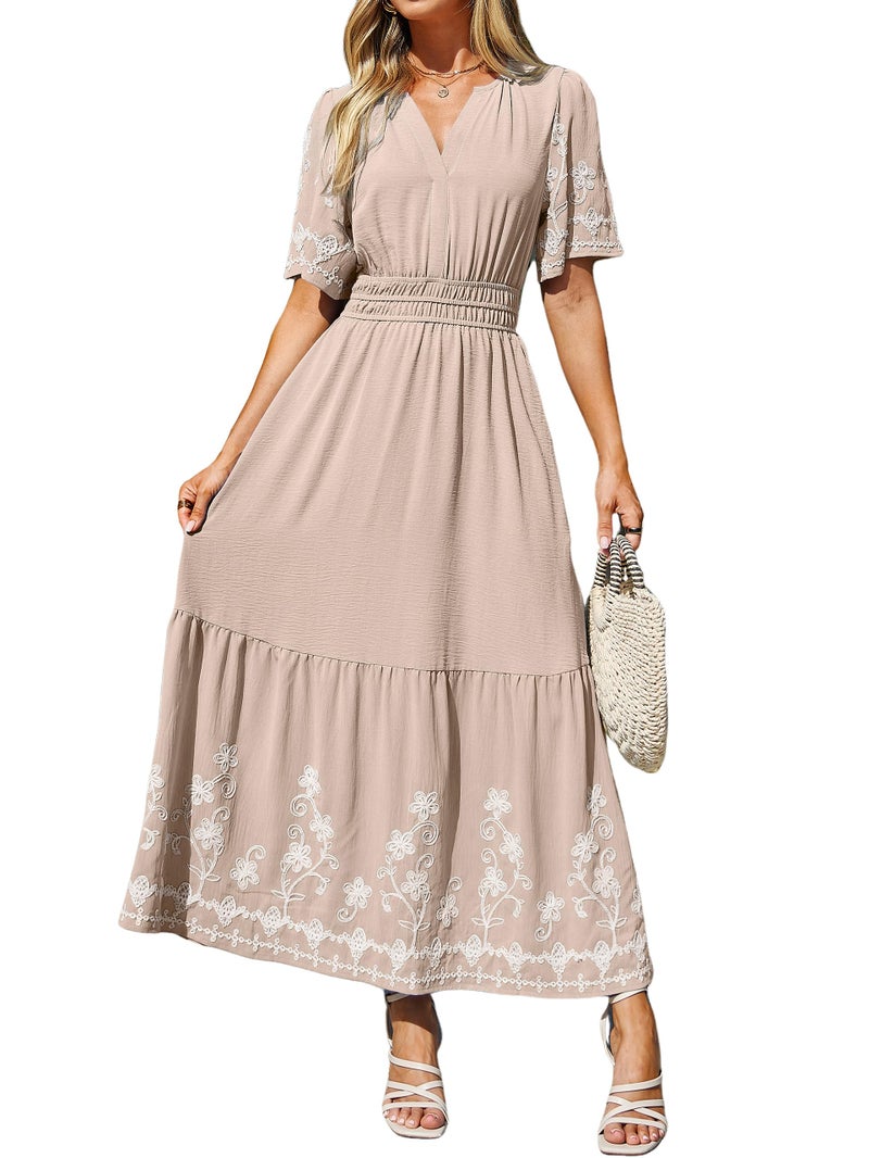 Simplee Women Summer Maxi Dress Formal Short Sleeve Embroidery Floral Boho Wedding Guest Tea Party V Neck Dresses 2026(Large,Apricot) - Image 1