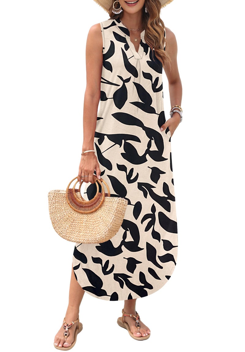 AUSELILY Womens Summer Casual Maxi Dresses 2026 Sleeveless Long Beach Dresses V Neck Loose Sundresses with Side Split Pockets Black Leaf XL - Image 2