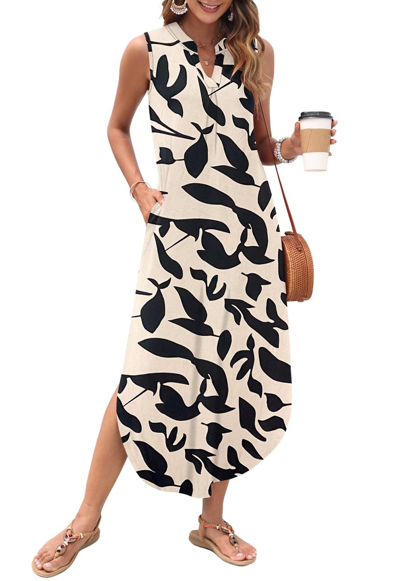 AUSELILY Womens Summer Casual Maxi Dresses 2026 Sleeveless Long Beach Dresses V Neck Loose Sundresses with Side Split Pockets Black Leaf XL - Image 1