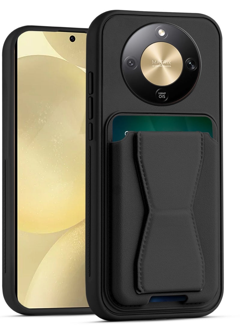 Leather back cover with card wallet Foldable Shockpoof Case compatible with Honor X9D (Black)