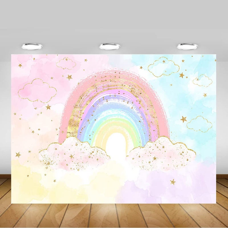 Mocsicka Rainbow Backdrop Colorful Rainbow Happy Birthday Party Decorations for Girl's Pastel Watercolor Birthday Cake Table Decor Party Supplies Photography Background (7x5ft (82x60 inch)) - Image 3