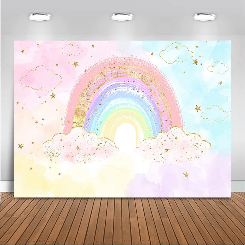 Mocsicka Rainbow Backdrop Colorful Rainbow Happy Birthday Party Decorations for Girl's Pastel Watercolor Birthday Cake Table Decor Party Supplies Photography Background (7x5ft (82x60 inch)) - Image 1