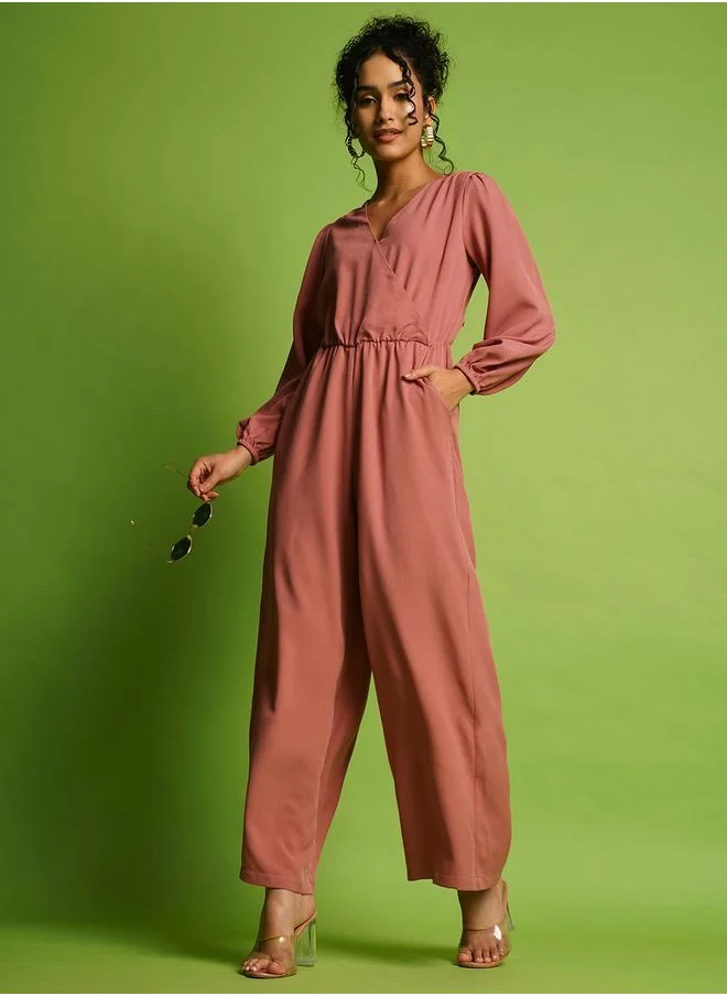 جلو باص Solid Wrap Neck Balloon Sleeves Gathered Waist Jumpsuit by Styli