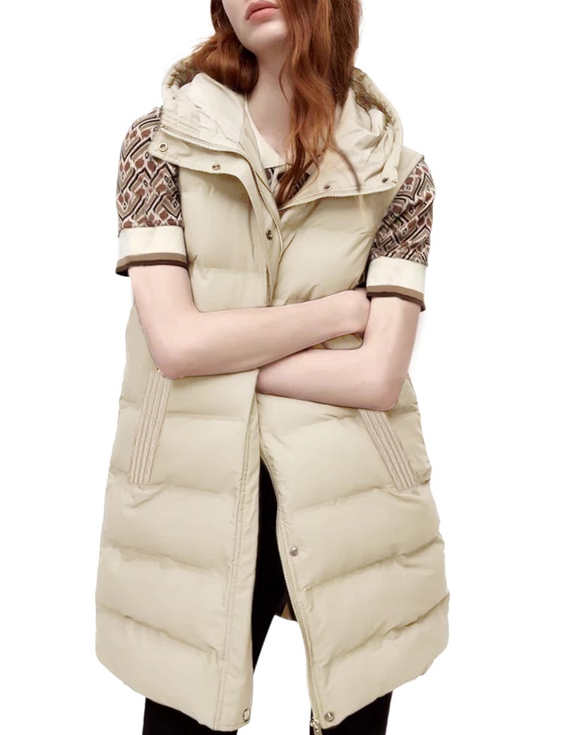 Tanming Womens Long Puffer Vest Casual Sleeveless Puffy Jacket with Removable Hood ApricotL