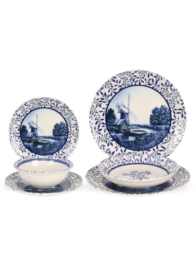 Cooker Dinner Set ,24 Pieces for 6 Persons, Fine Porcelain, Made in Turkey, Traditional Dutch Windmill Design - Classic Cobalt Blue - Image 1